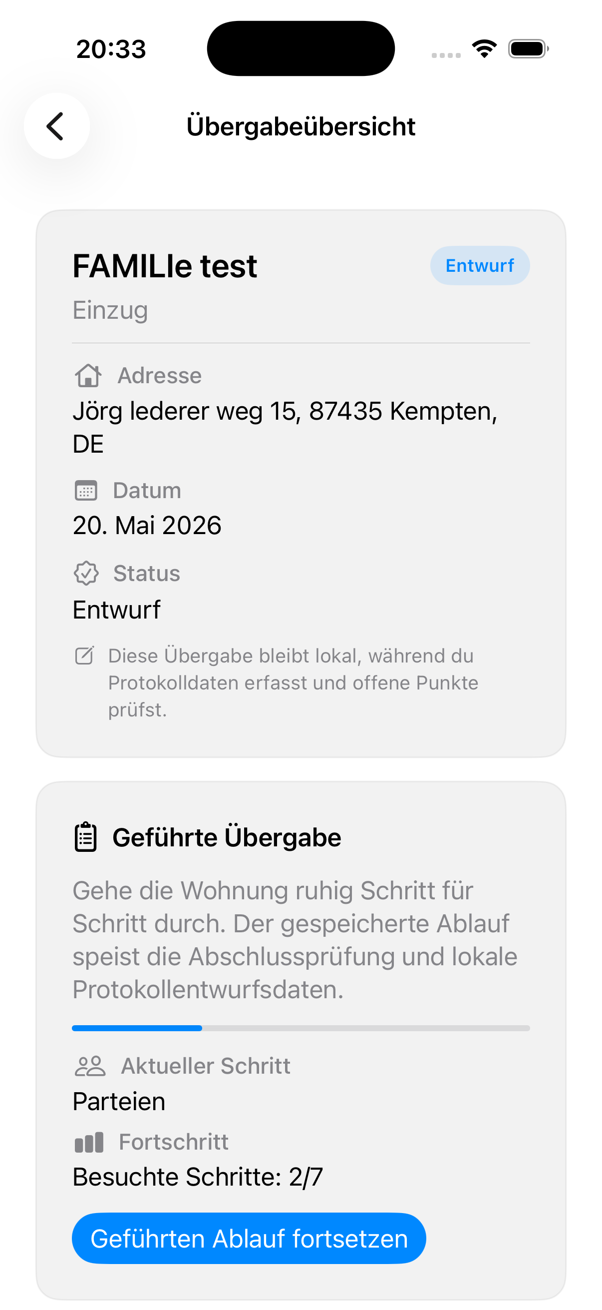 KeyClear Übergabeübersicht in der iOS App