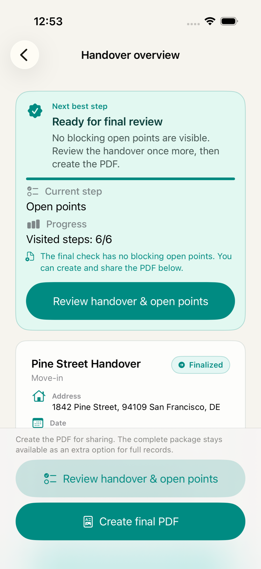 Handover overview in the KeyClear app showing final-check status, progress and open points