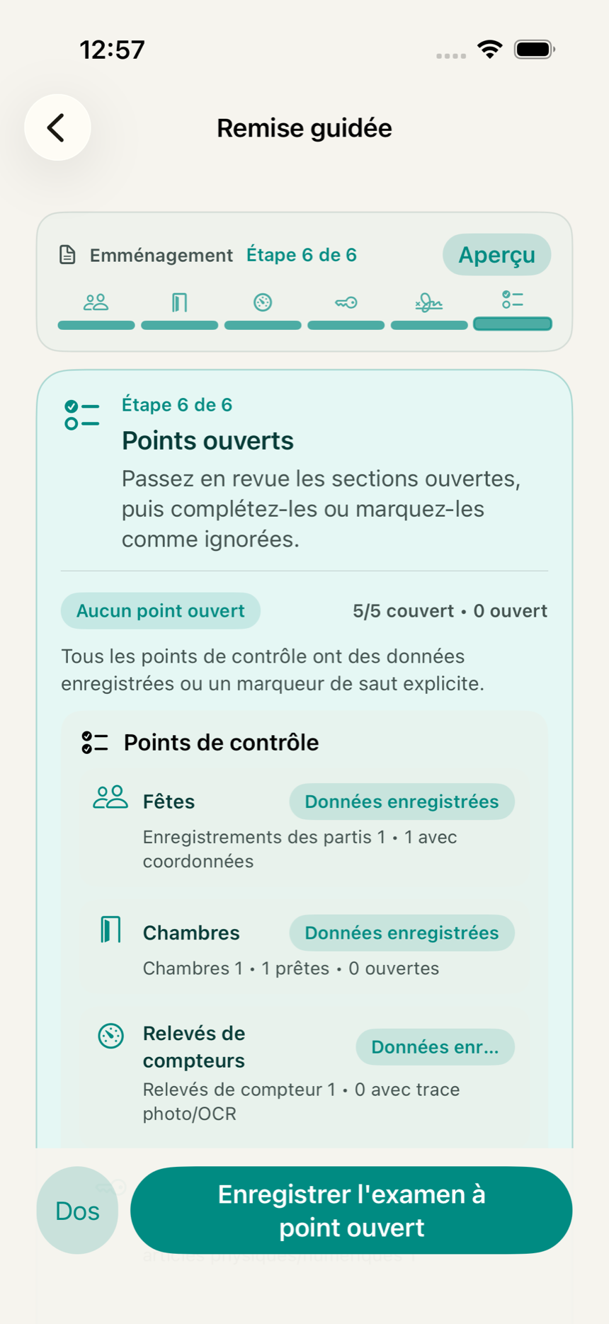 Contrôle final dans l'app KeyClear listant avertissements, blocages et informations manquantes avant l'export