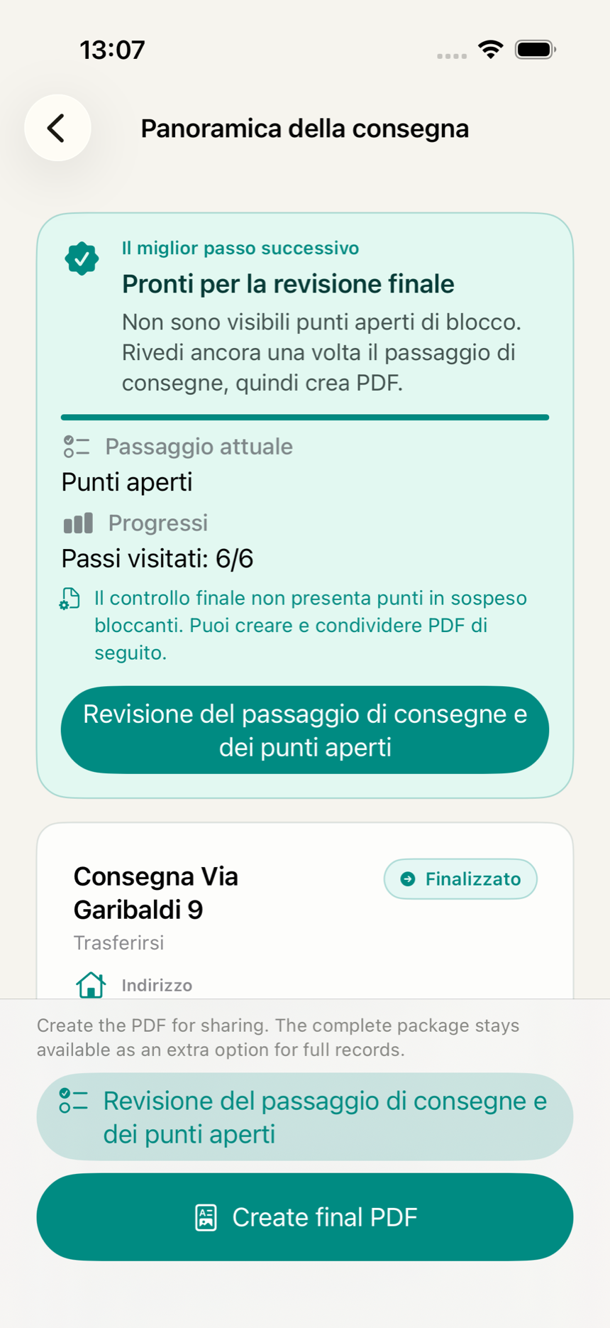 Panoramica di una consegna nell'app KeyClear con stato del controllo finale, avanzamento e punti aperti
