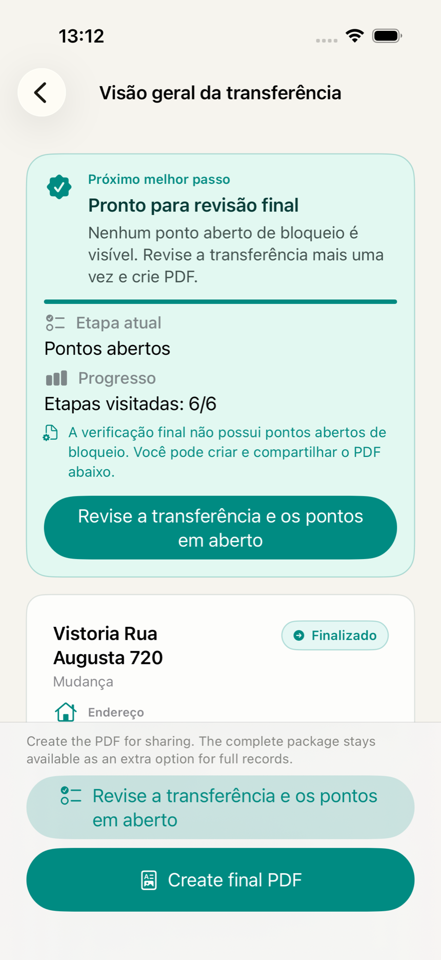 Visão geral de uma vistoria no app KeyClear com status da verificação final, progresso e pontos em aberto