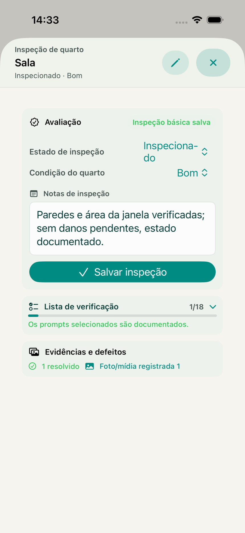 Inspeção guiada de um cômodo no app KeyClear com status, checklist e defeitos documentados